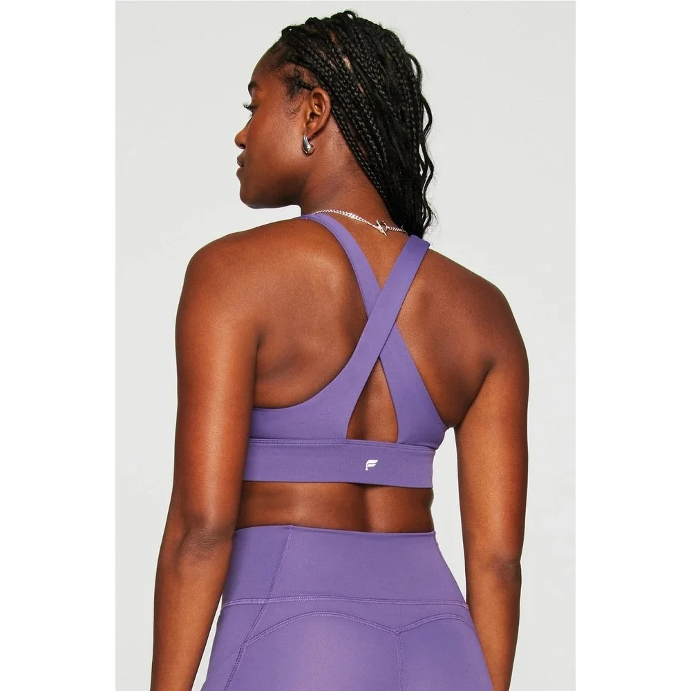 Fabletics Oasis Twist Medium Impact Sports Bra Purple Crossback Yoga Top‎